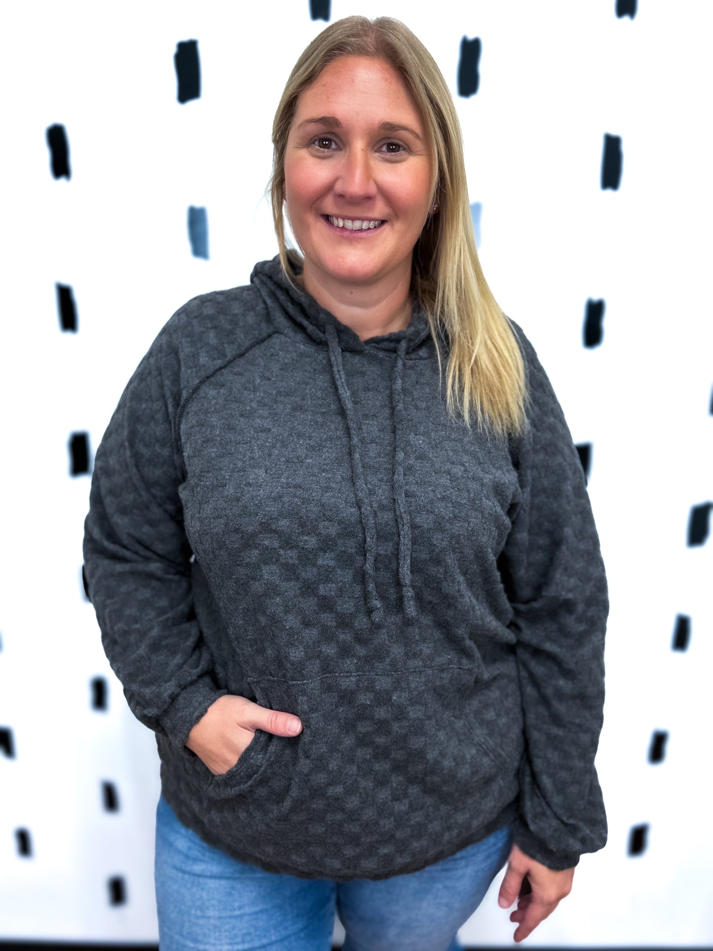 Black Checkered Knit Hoodie Top