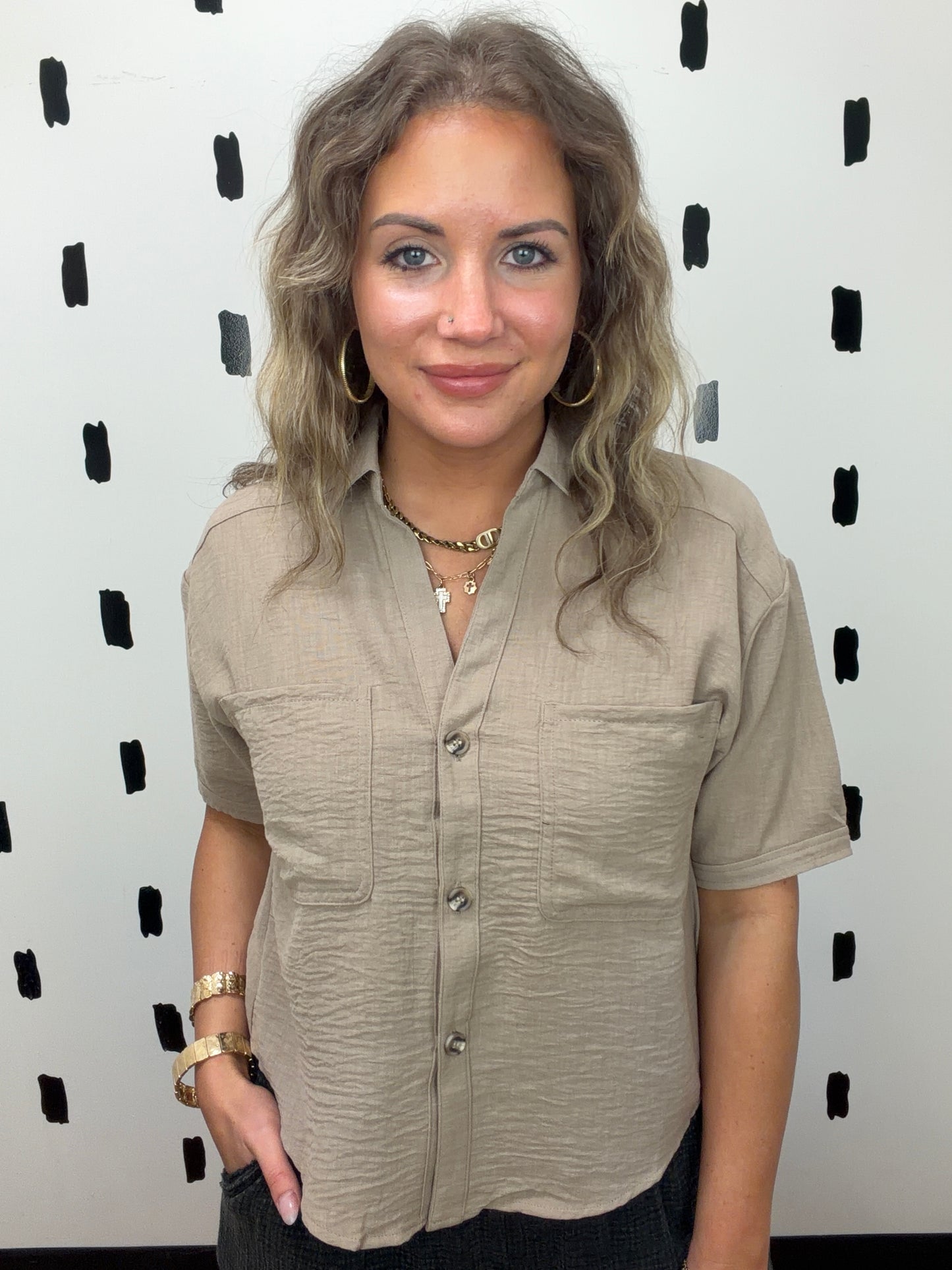 Tan Short Sleeve Button Up Top