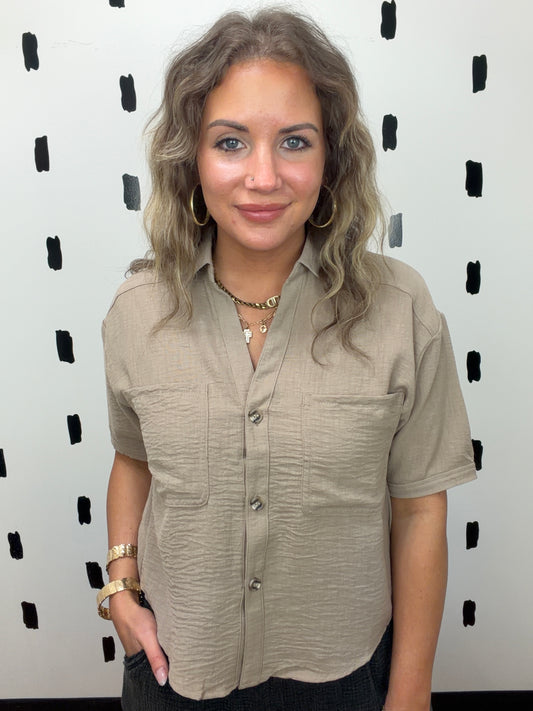 Tan Short Sleeve Button Up Top