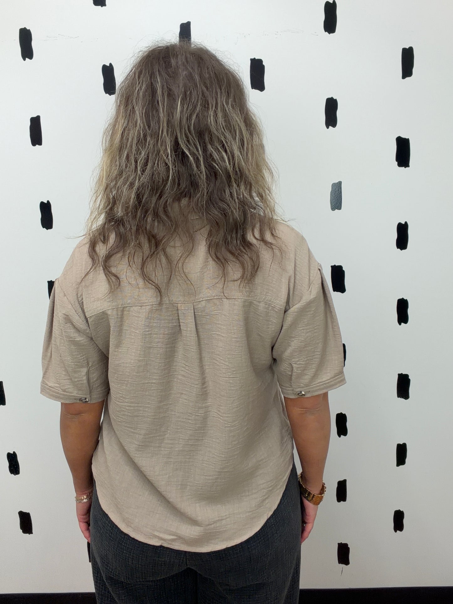 Tan Short Sleeve Button Up Top