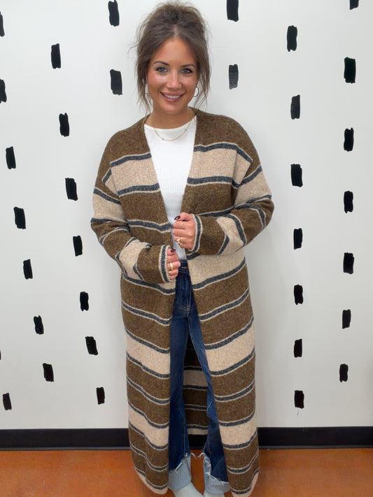 Brown Striped Longline Cardigan