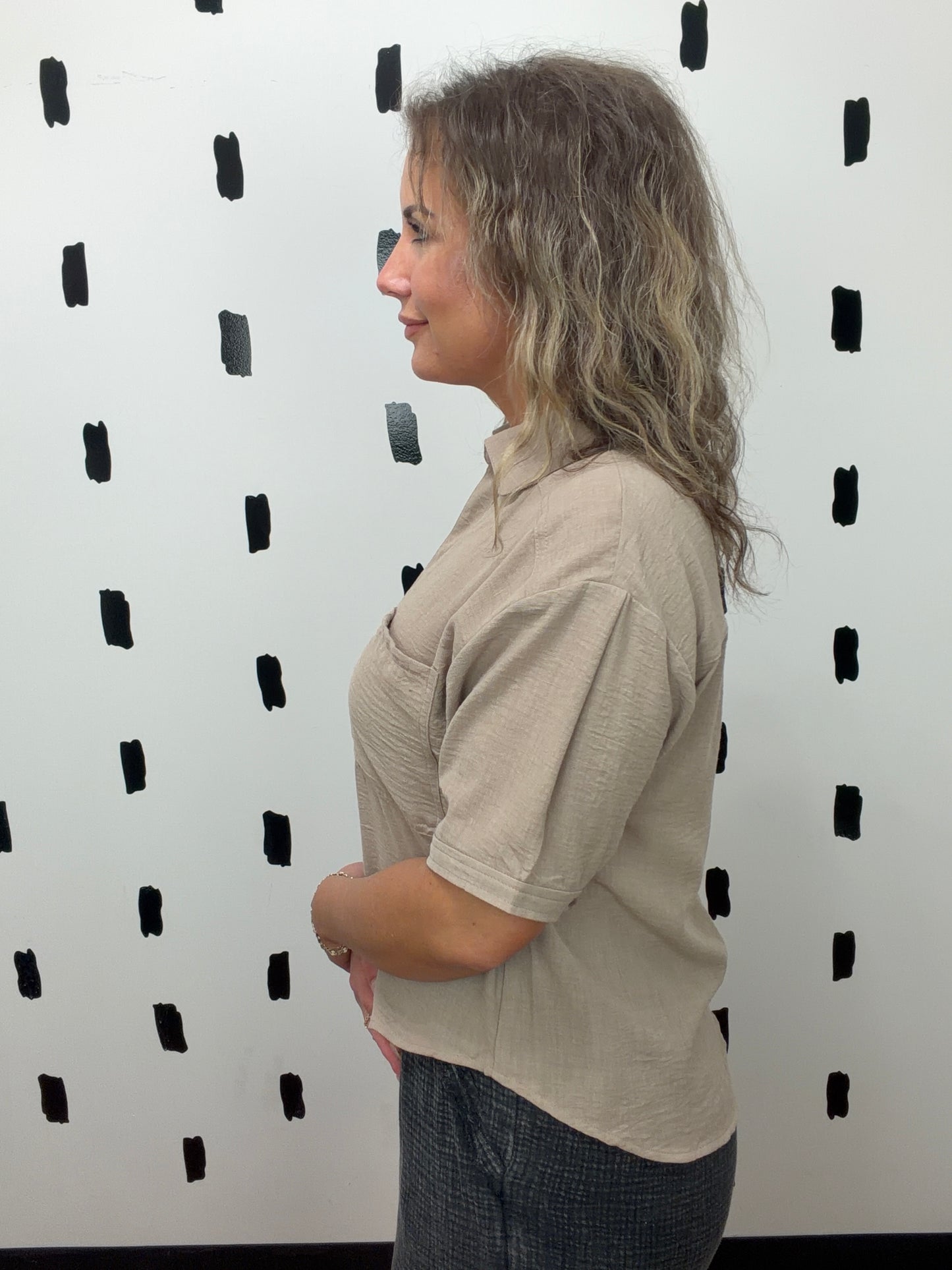 Tan Short Sleeve Button Up Top