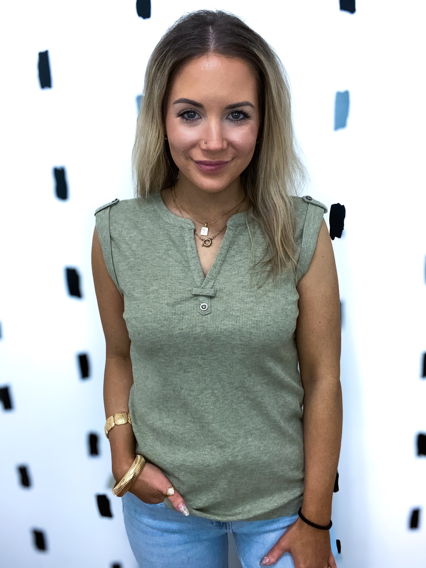 Lt. Olive V-Neck Sleeveless Button Detail Top