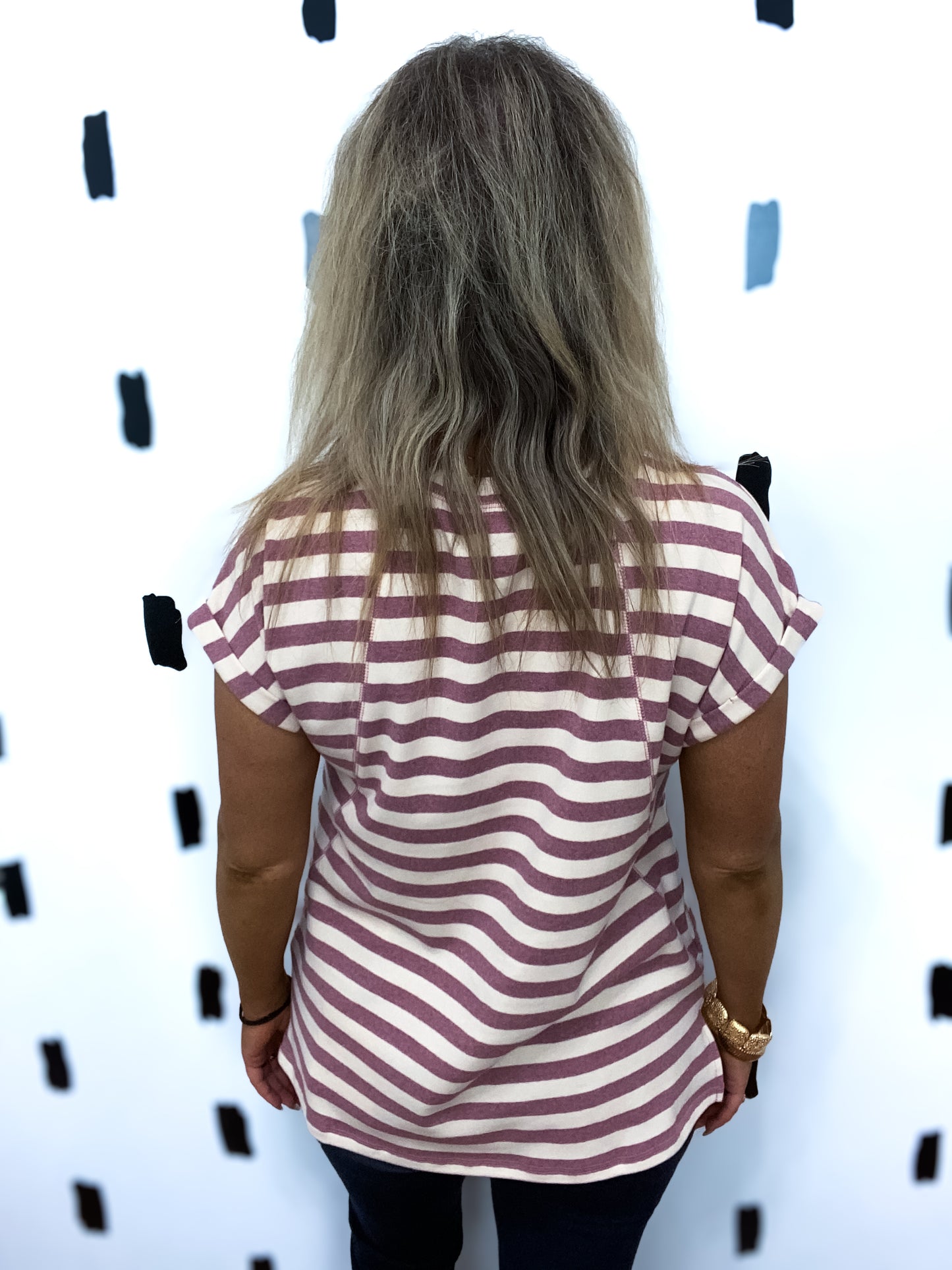Berry Stripe Cuffed Short Sleeve Top