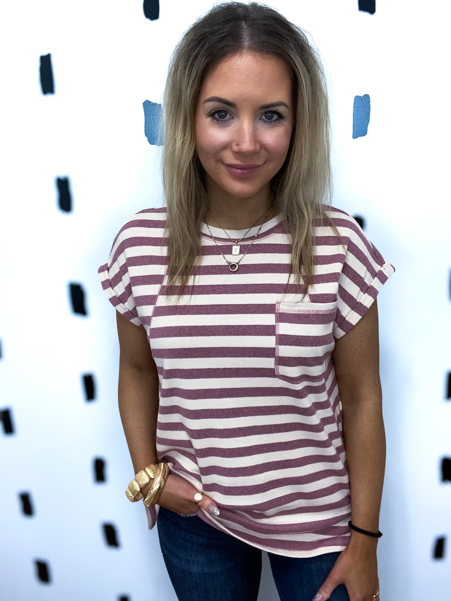 Berry Stripe Cuffed Short Sleeve Top