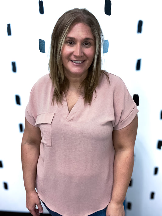 Blush Back Button Short Sleeve Blouse
