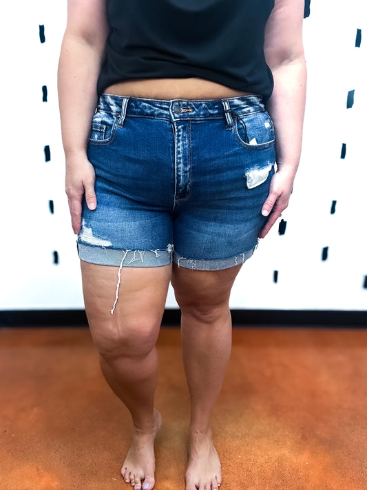 Dark Wash Cuffed Raw Hem Shorts