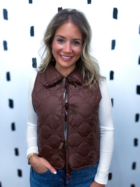 Espresso Collar Quilted Tie Front Vest