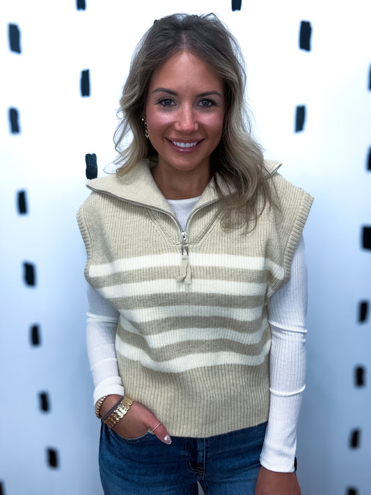 Beige Striped Half Zip Sleeveless Knit Top