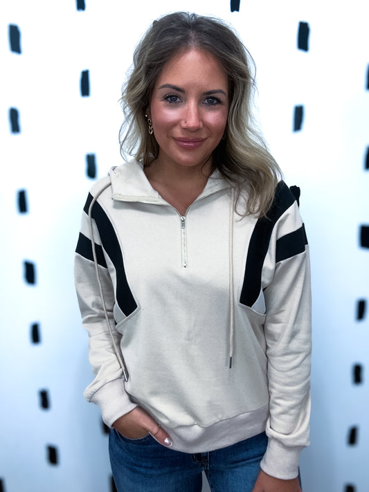 Beige Colorblock Half Zip Up Hoodie