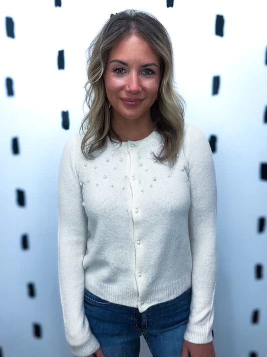 Cream Pearl Embellished Sweater Cardigan