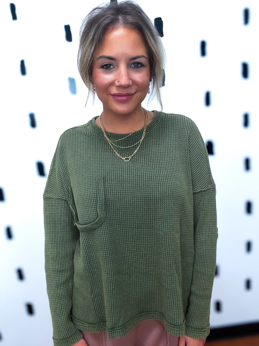 Olive Mineral Wash Long Sleeve Waffle Top