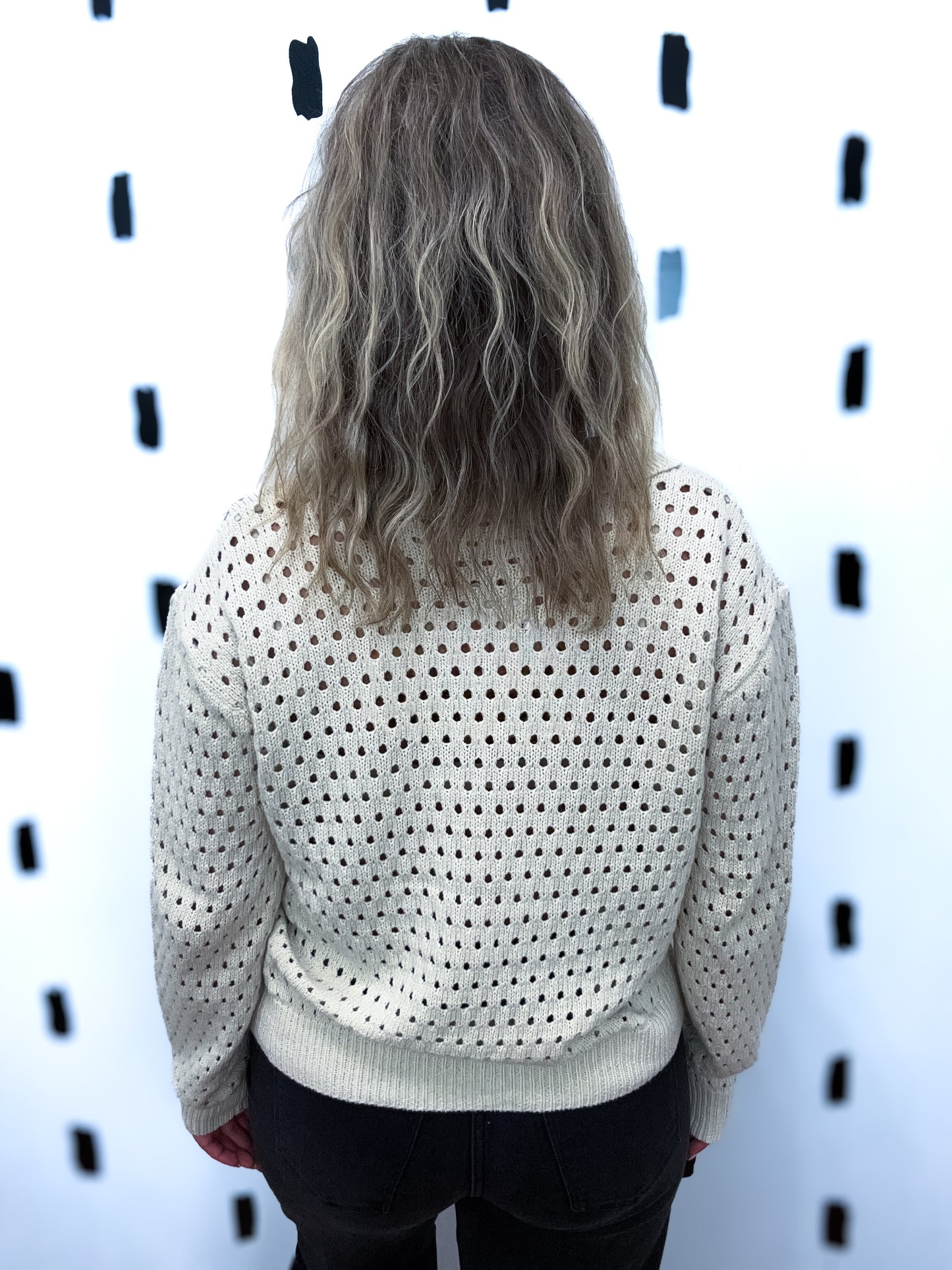 Natural Split V-Neck Open Stitched Sweater