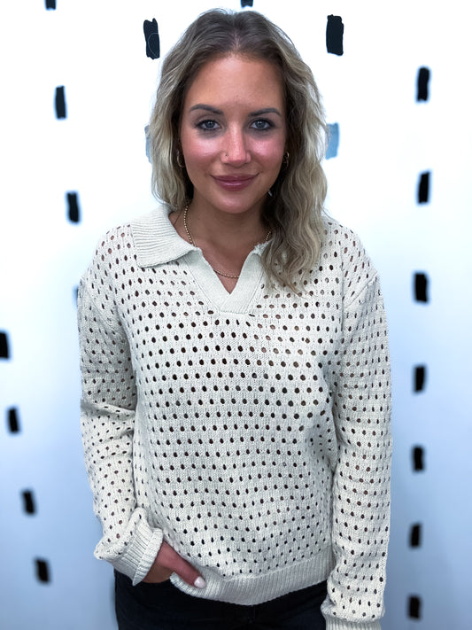 Natural Split V-Neck Open Stitched Sweater