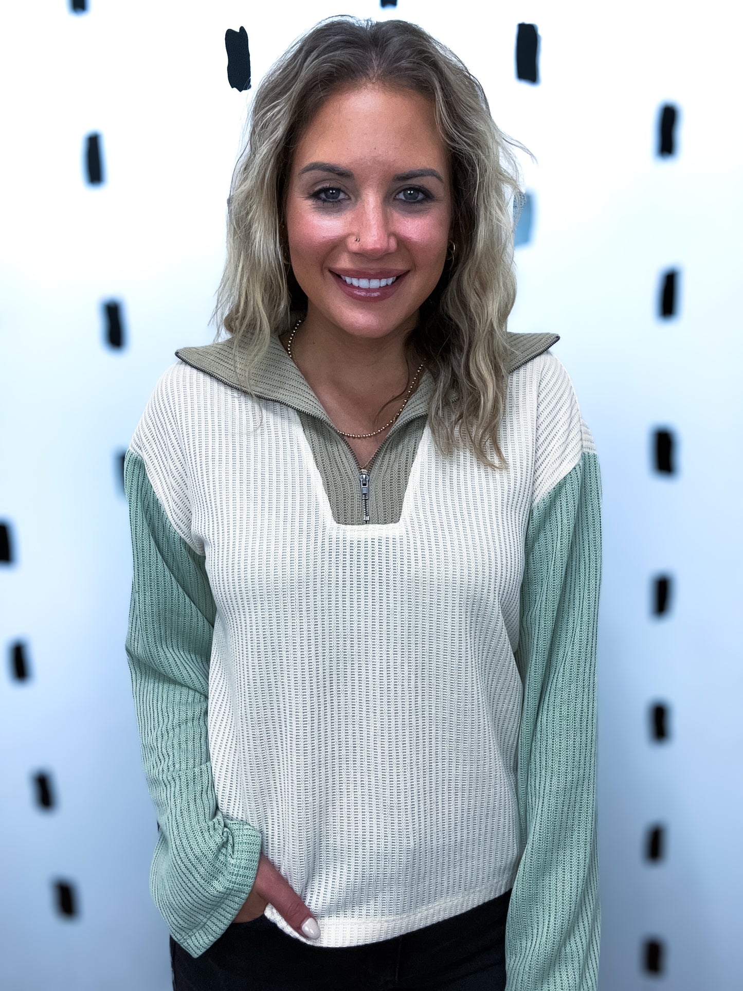 Natural/Tea/Tan Funnel Neck Half Zip Top