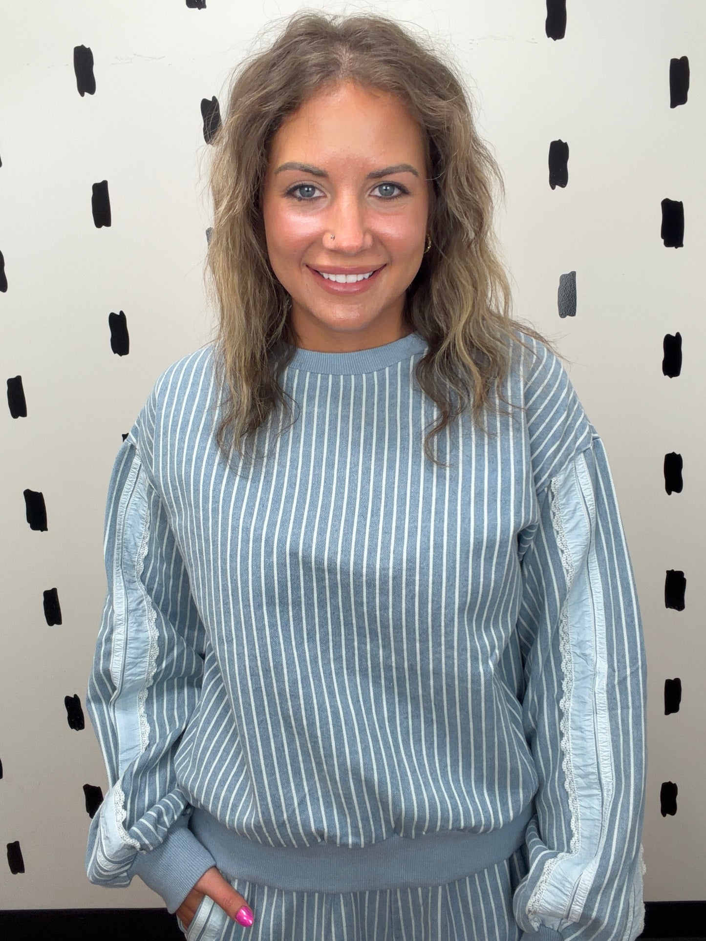 Denim Striped Lace Side Long Sleeve Top