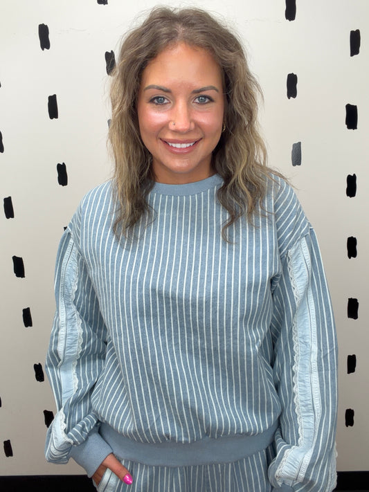 Denim Striped Lace Side Long Sleeve Top