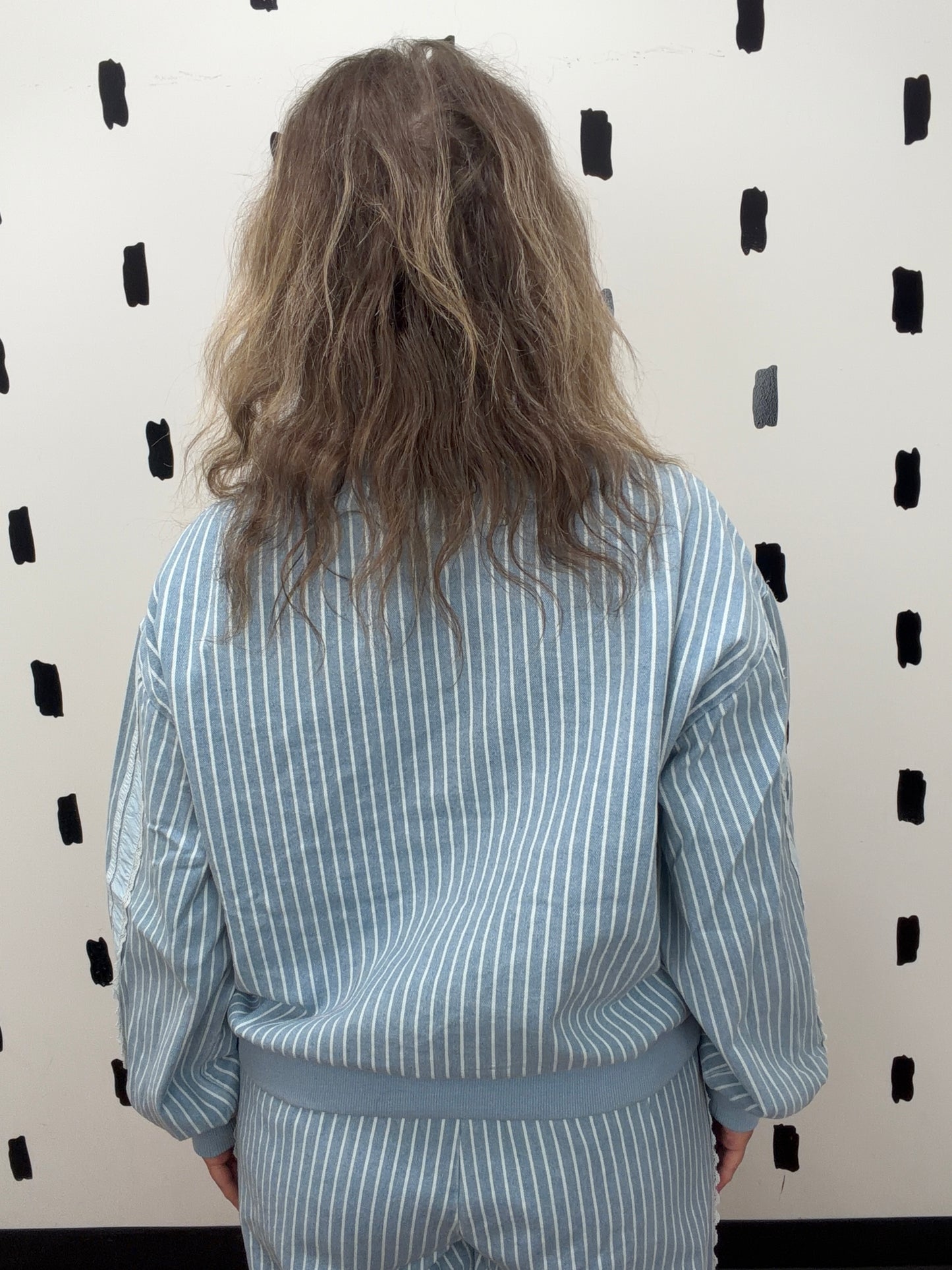 Denim Striped Lace Side Long Sleeve Top