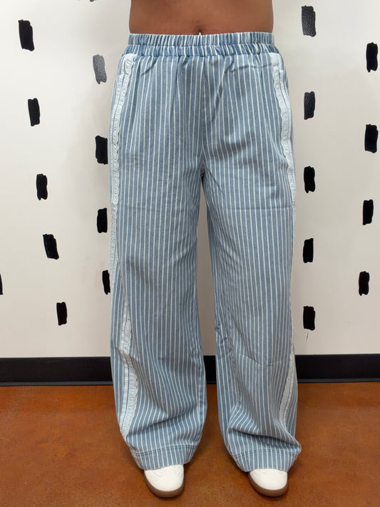 Denim Striped Lace Side Wide Leg Pants
