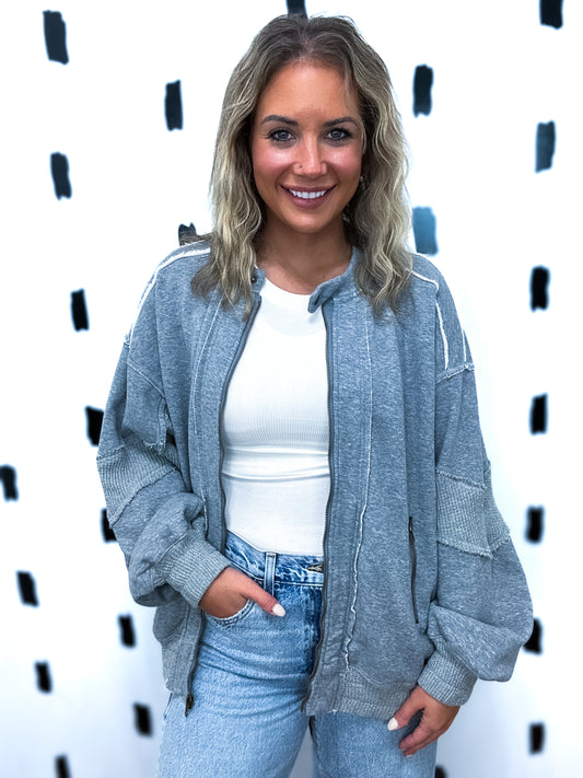 Grey Raw Edge Zip Up Fleece Jacket