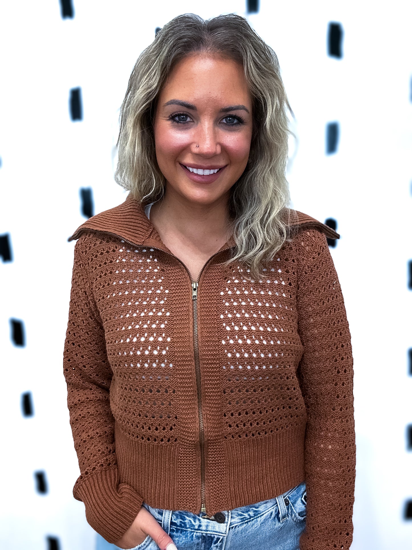 Caramel Zip-Up Knit Sweater