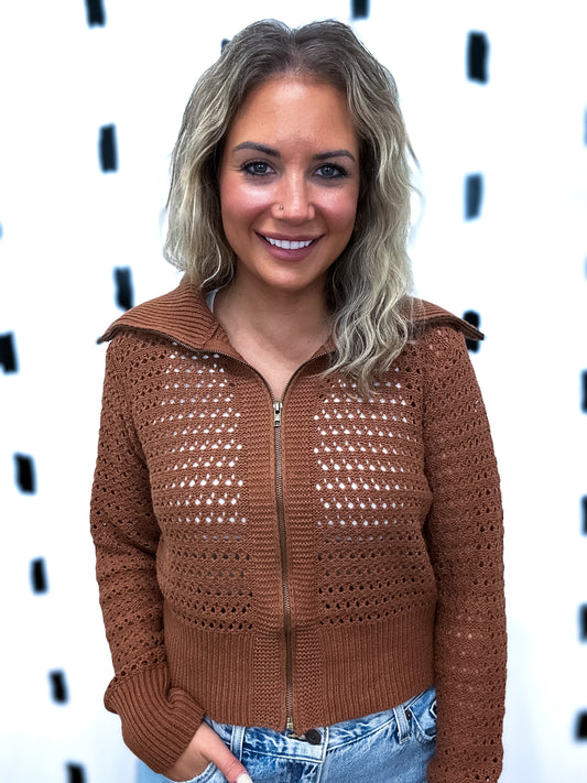 Caramel Zip-Up Knit Sweater