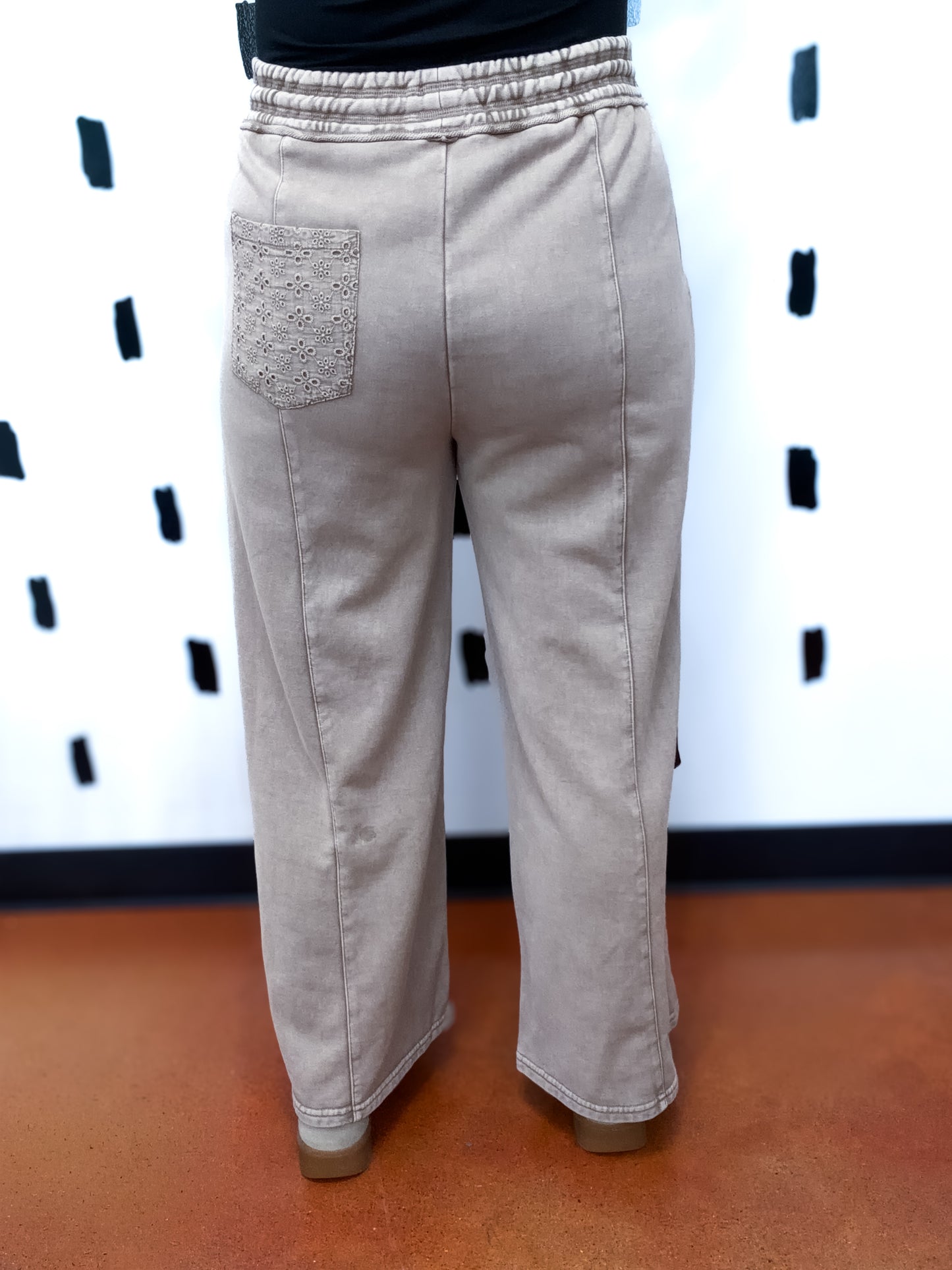 Mocha Eyelet Lace Pocket Wide Leg Pants