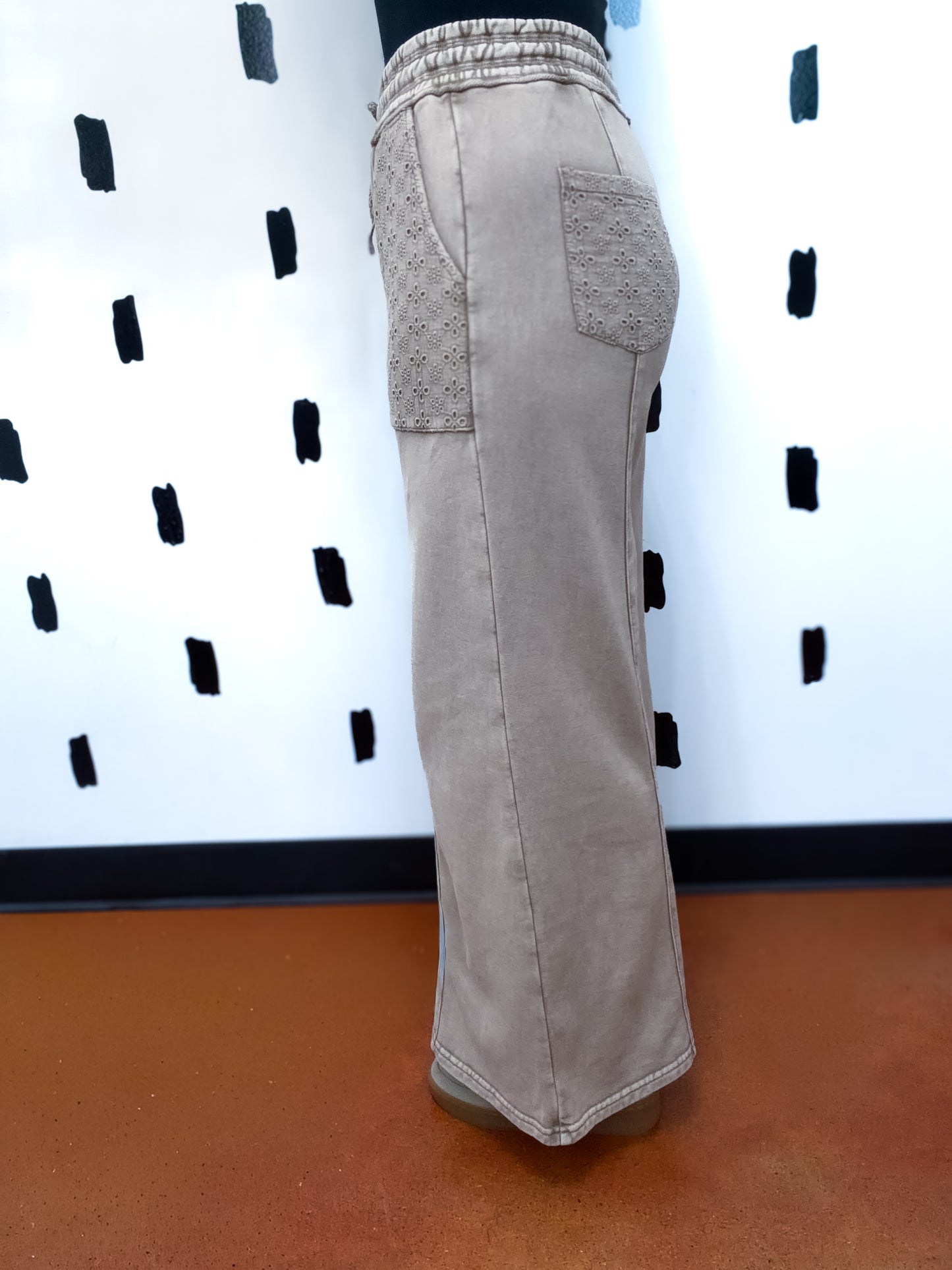 Mocha Eyelet Lace Pocket Wide Leg Pants