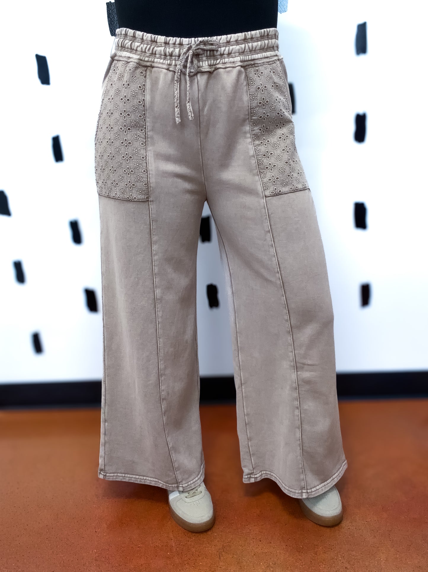 Mocha Eyelet Lace Pocket Wide Leg Pants