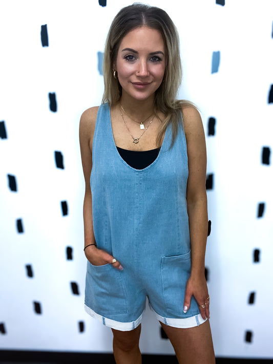 Light Blue V-Neck Pocket Detail Romper