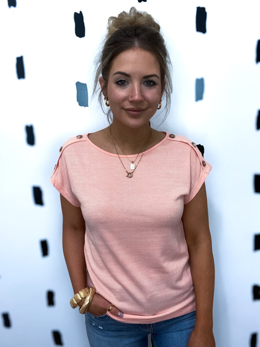 Apricot Pink Button Detail Short Sleeve Top
