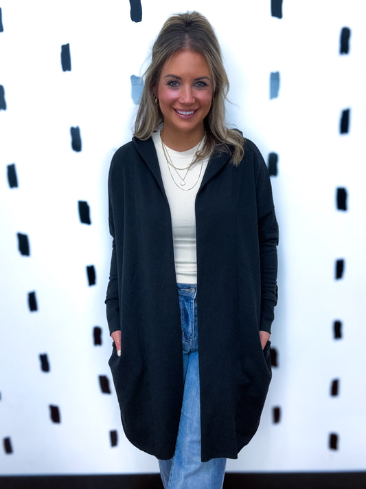 Black Open Front Hoodie Cardigan
