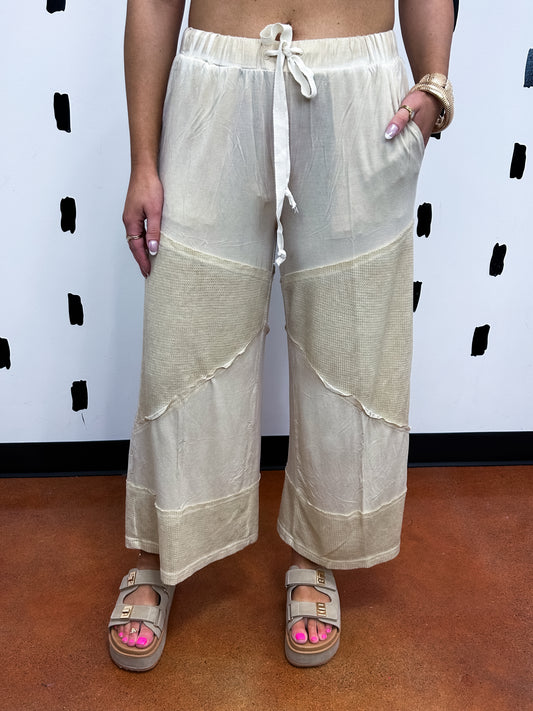 Tan Contrast Ribbed Elastic Waist Knit Pants