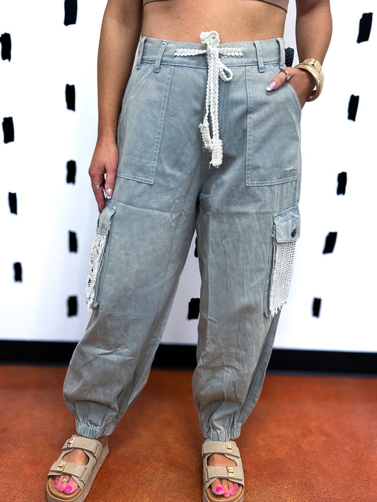 Dove Grey Crochet Pockets Joggers