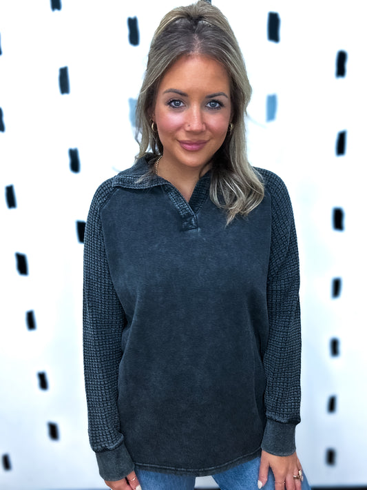 Black Waffle Knit Henley Top