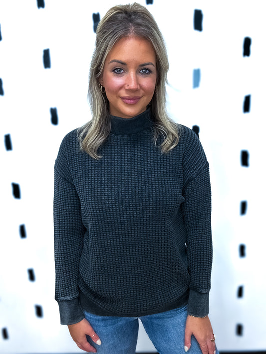 Black Chunky Waffle Mock Neck Sweater