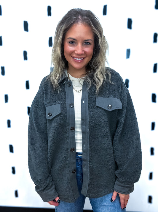 Charcoal Fuzzy Fleece Sherp Shacket
