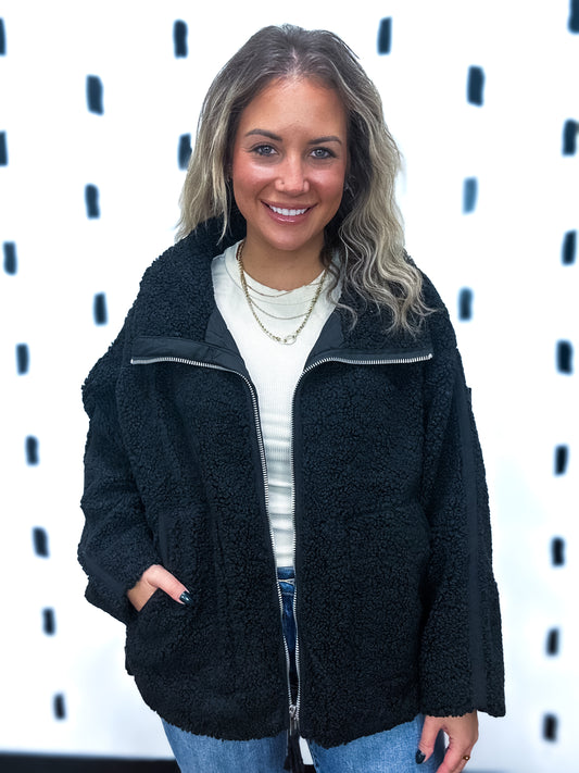 Black Teddy Sherpa Fleece Zip Up Jacket