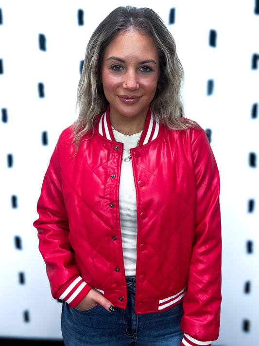 Red Quilted Bomber Jacket