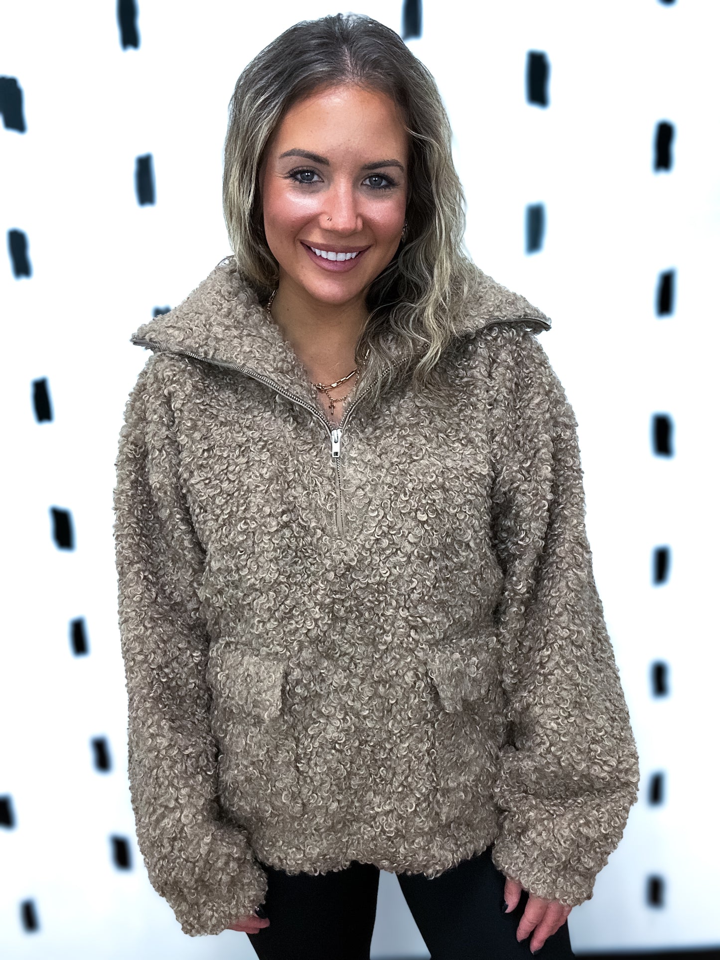 Taupe Teddy Half Zip Up Top