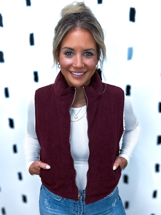 Wine High Neck Corduroy Puffer Vest