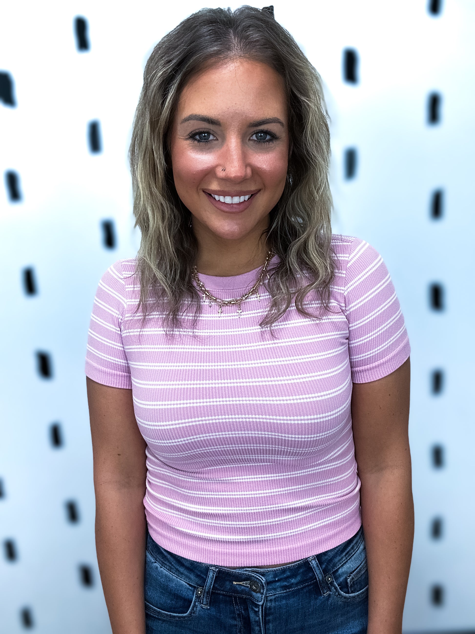 Pink/White Short Sleeve Striped Top - Boss Boutique