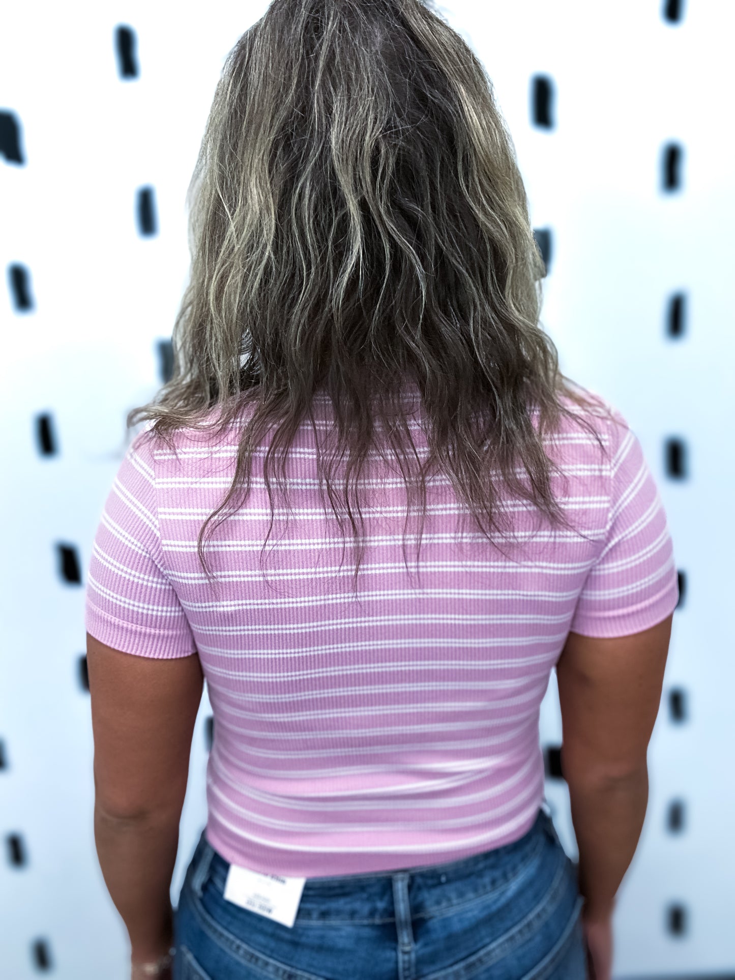 Pink/White Short Sleeve Striped Top - Boss Boutique