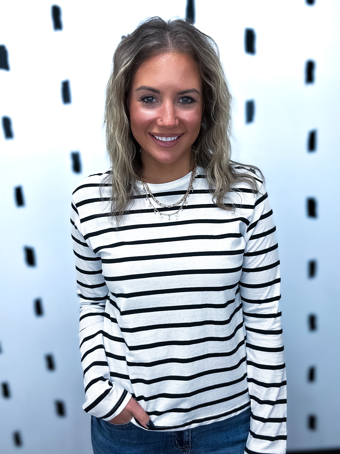 Black/Ivory Long Sleeve Stripe Top