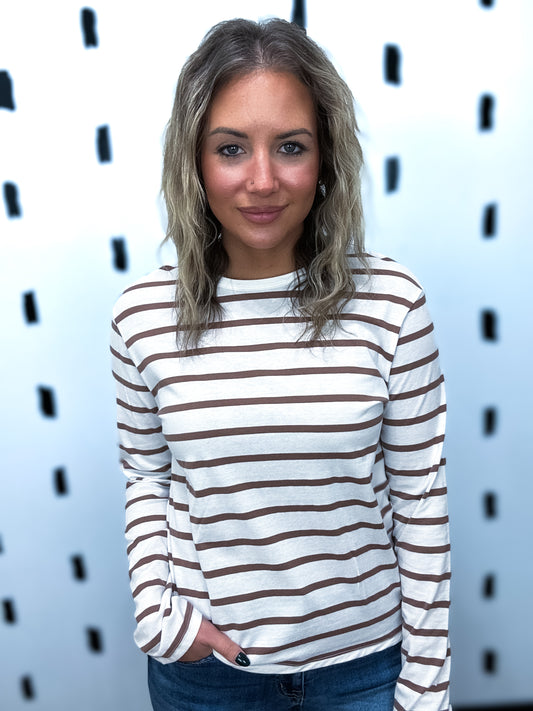 Ivory/Khaki Long Sleeve Stripe Top