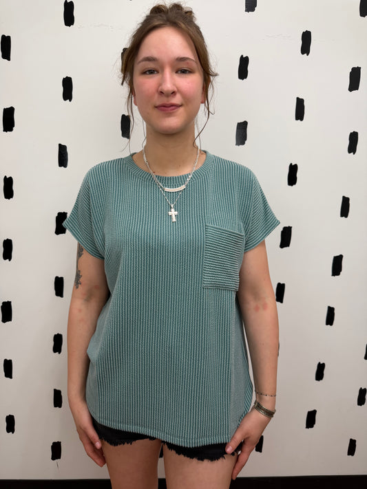 Jade Short Sleeve Ribbed Front Pocket Top