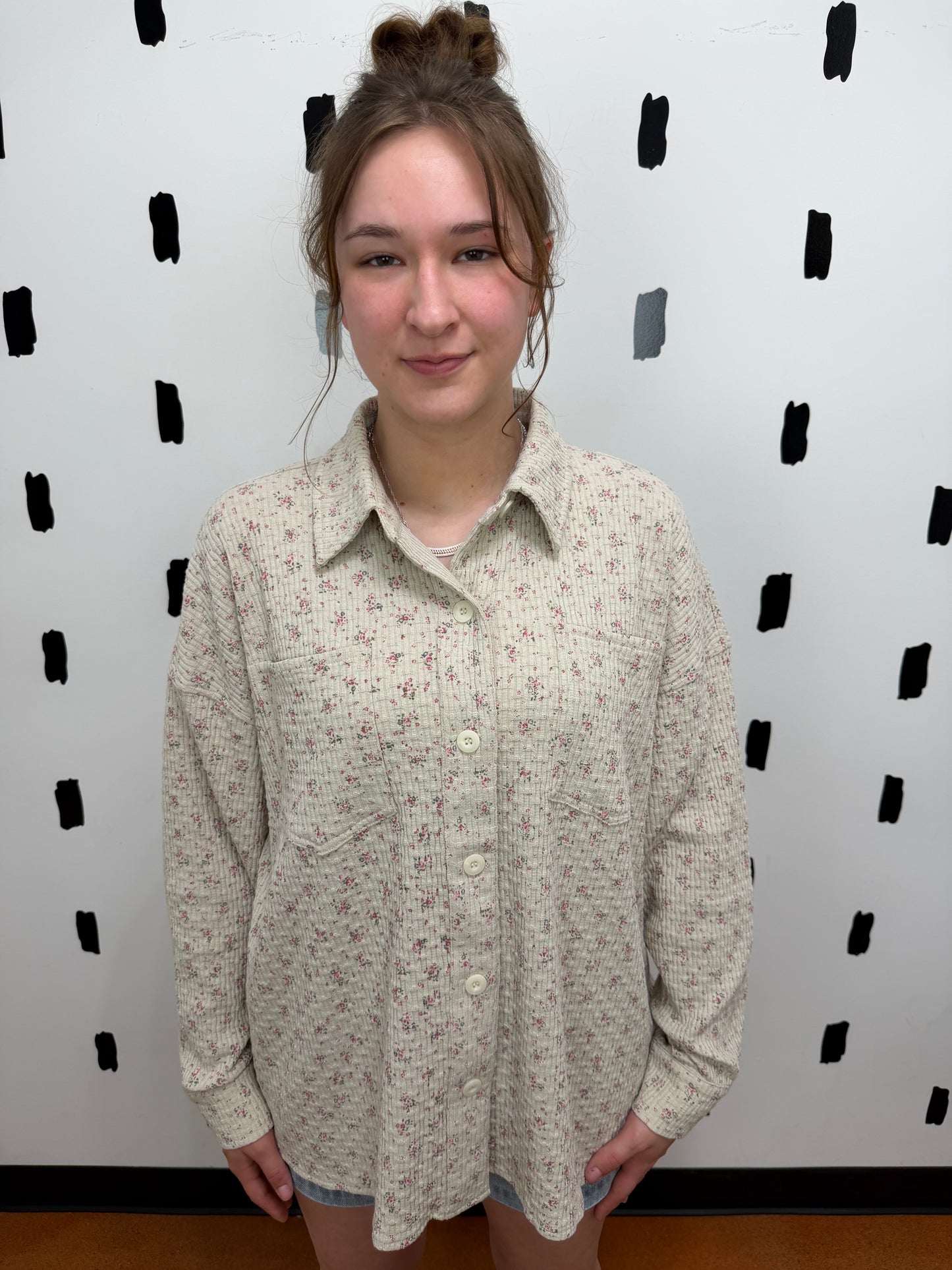 Oatmeal Floral Textured Button Up Top