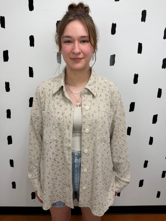 Oatmeal Floral Textured Button Up Top