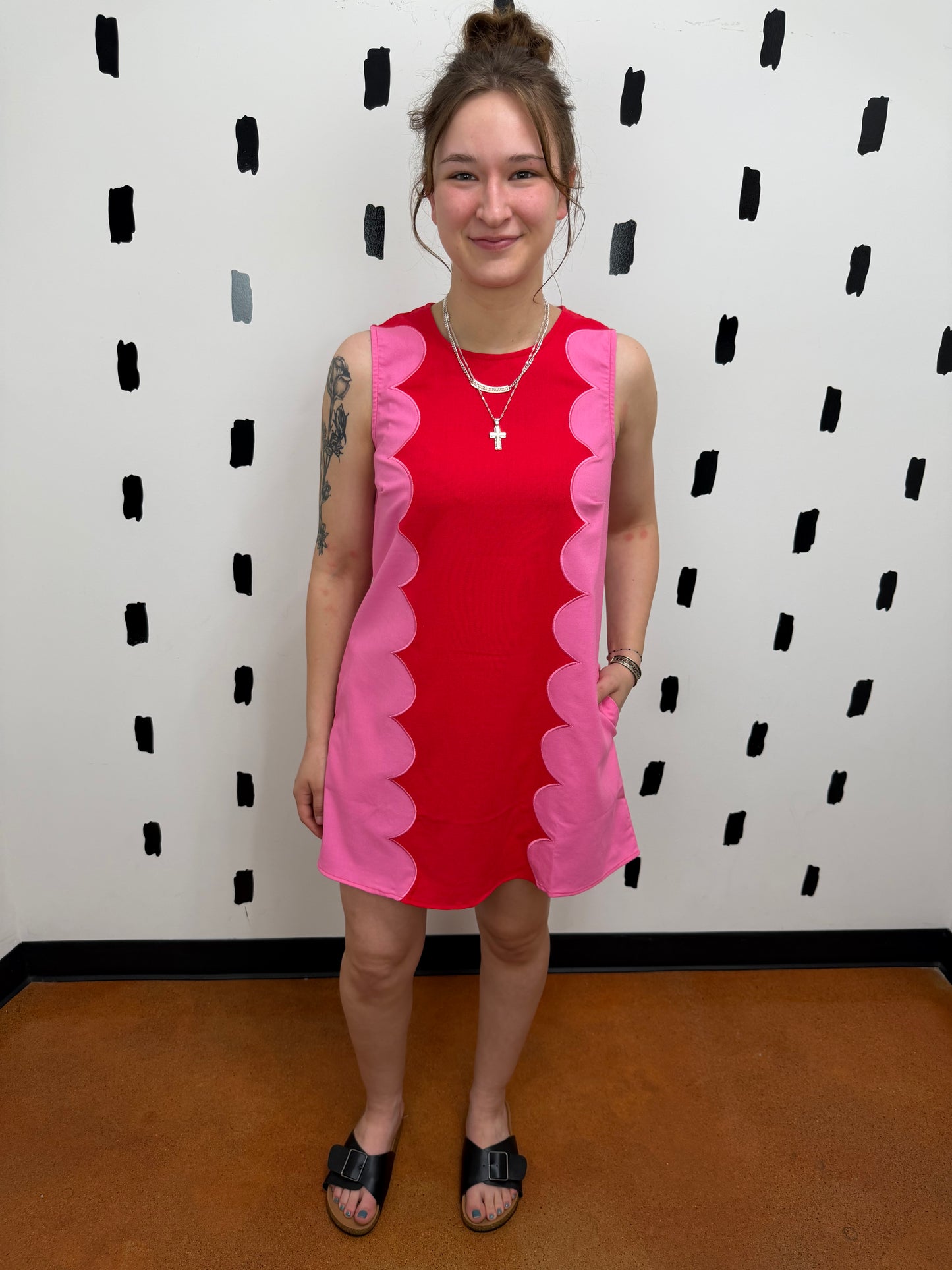 Cotton Blend Sleeveless Dress W/ Scalloped Panels