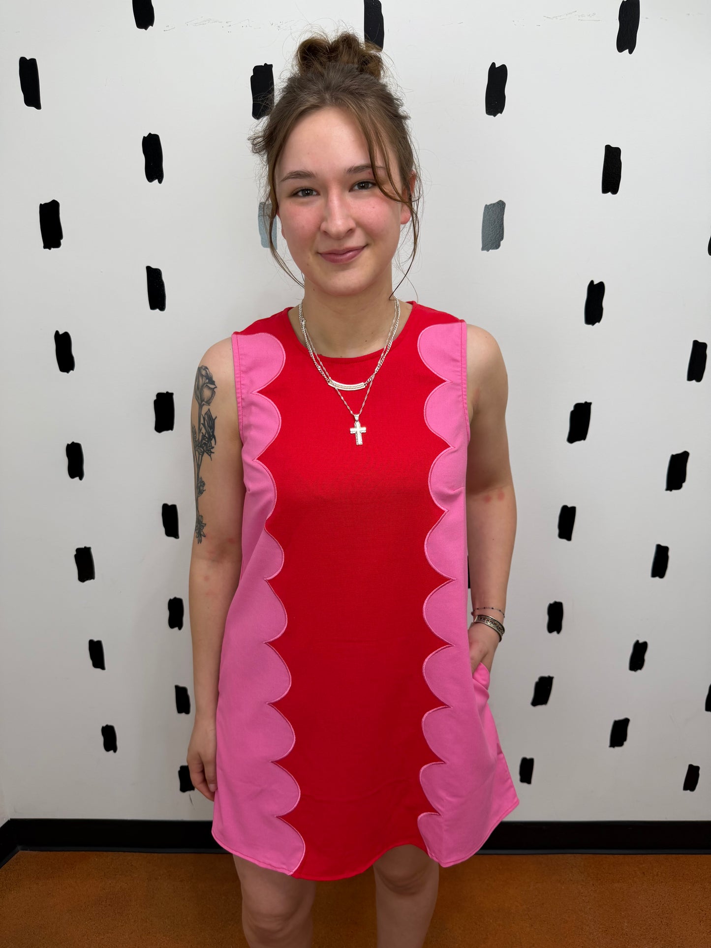 Cotton Blend Sleeveless Dress W/ Scalloped Panels